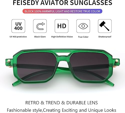 Miniatura 193 de Feisedy - B2622 - Lentes de sol estilo aviador, cuadrados, clásicos de los años 70, unisex, con montura clásica retro y elegante, UV400 Marco