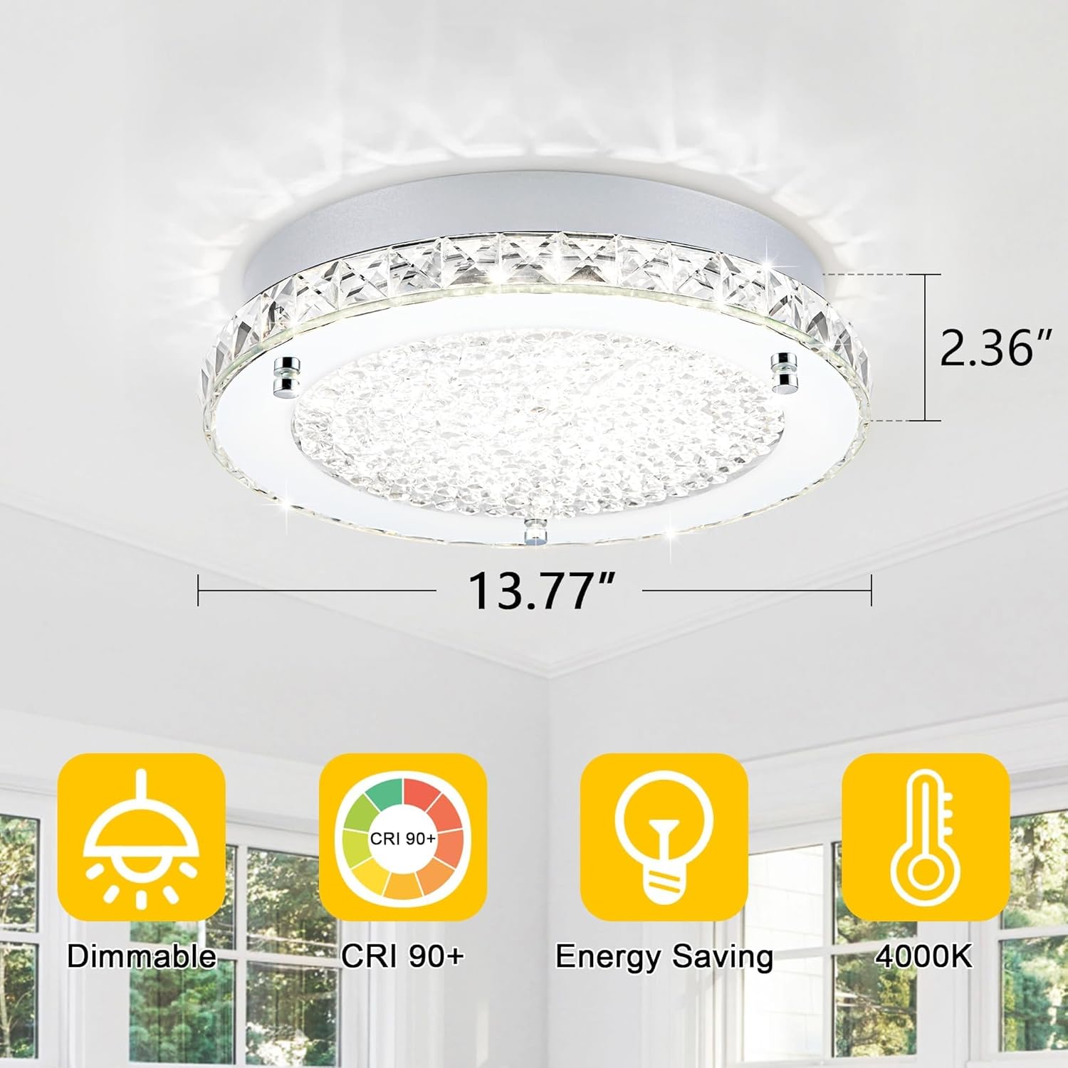 Crystal Ceiling Light Fixture 13 Inch Flush Mount Ceiling Light LED 4000K Dimmable Modern Ceiling Lamp for Bedroom Bathroom Kitchen Island