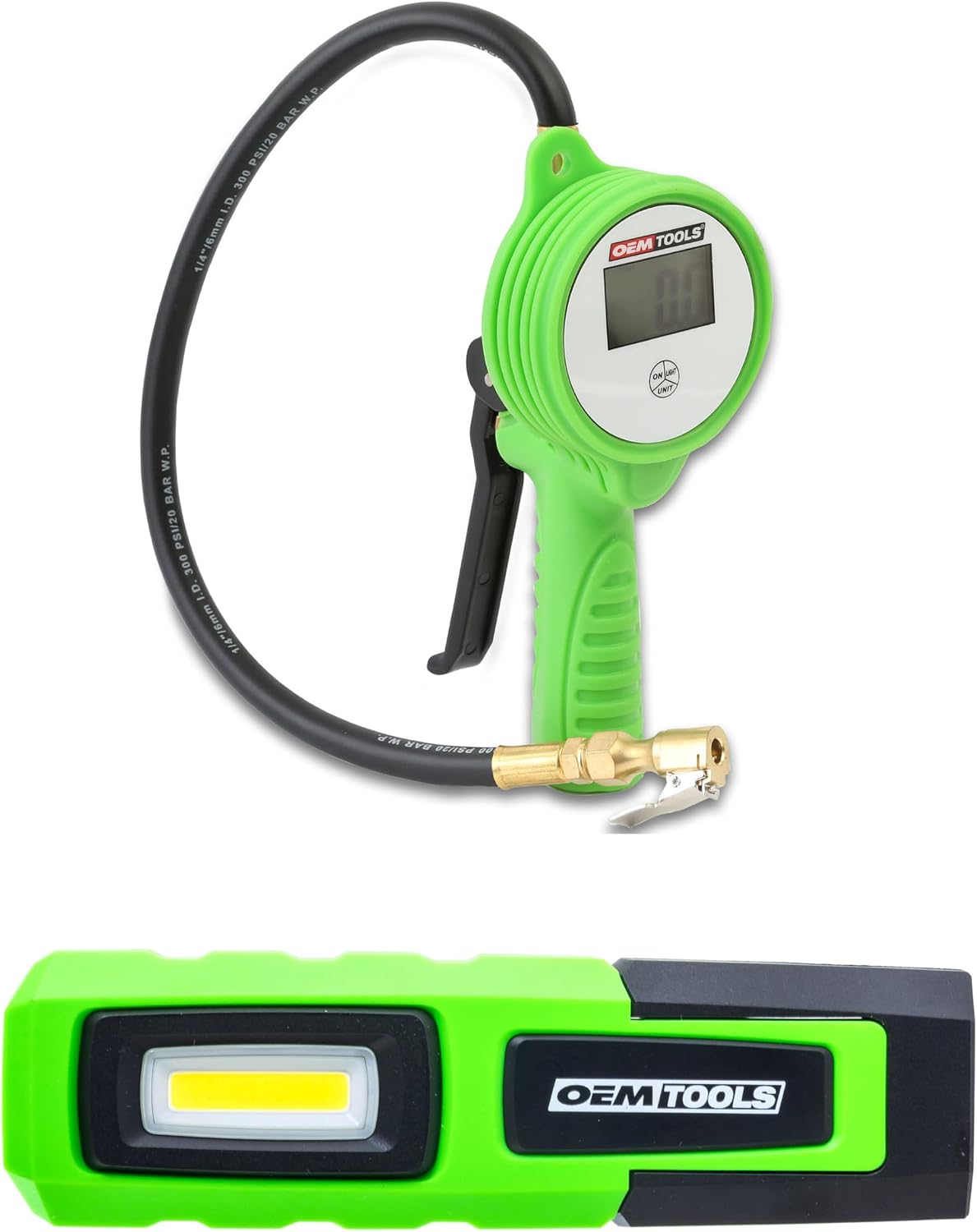 OEMTOOLS Digital Tire Inflator with Tire Pressure Gauge, 7" LED Work Light, Digital LCD Display, 600LM LED Flashlight, 0 to 175 PSI Air Pressure Gauge for Tires