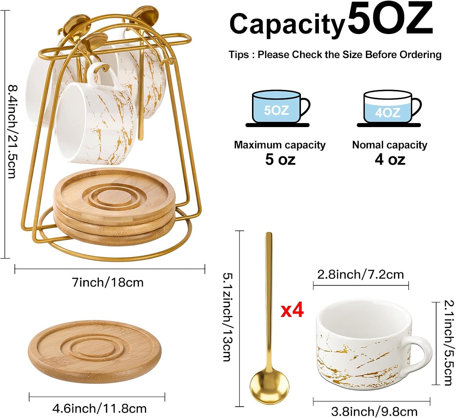 YOLIFE 4 OZ Porcelain Espresso Cups with Bamboo Saucers and Metal Stand