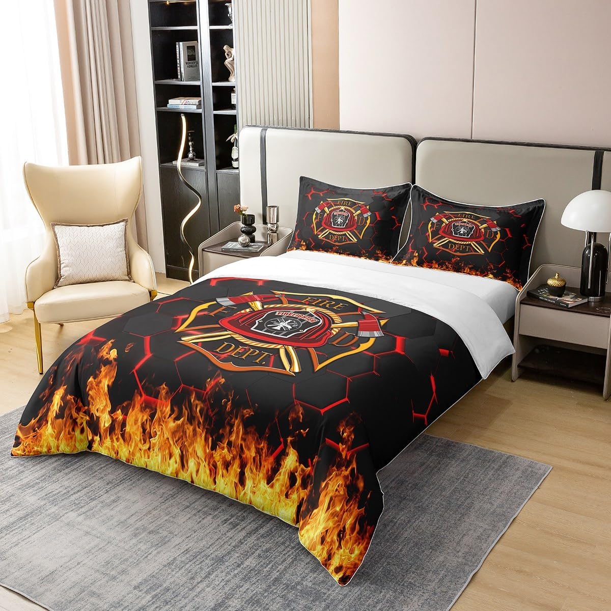 100% Nature Cotton Fireman Sign Duvet Cover King for Teens Youth,Watercolor Firefighter Flame Comforter Cover (Not Comforter),Abstract 3D Geometric Honeycomb Super Soft Bedding Bedroom Decor
