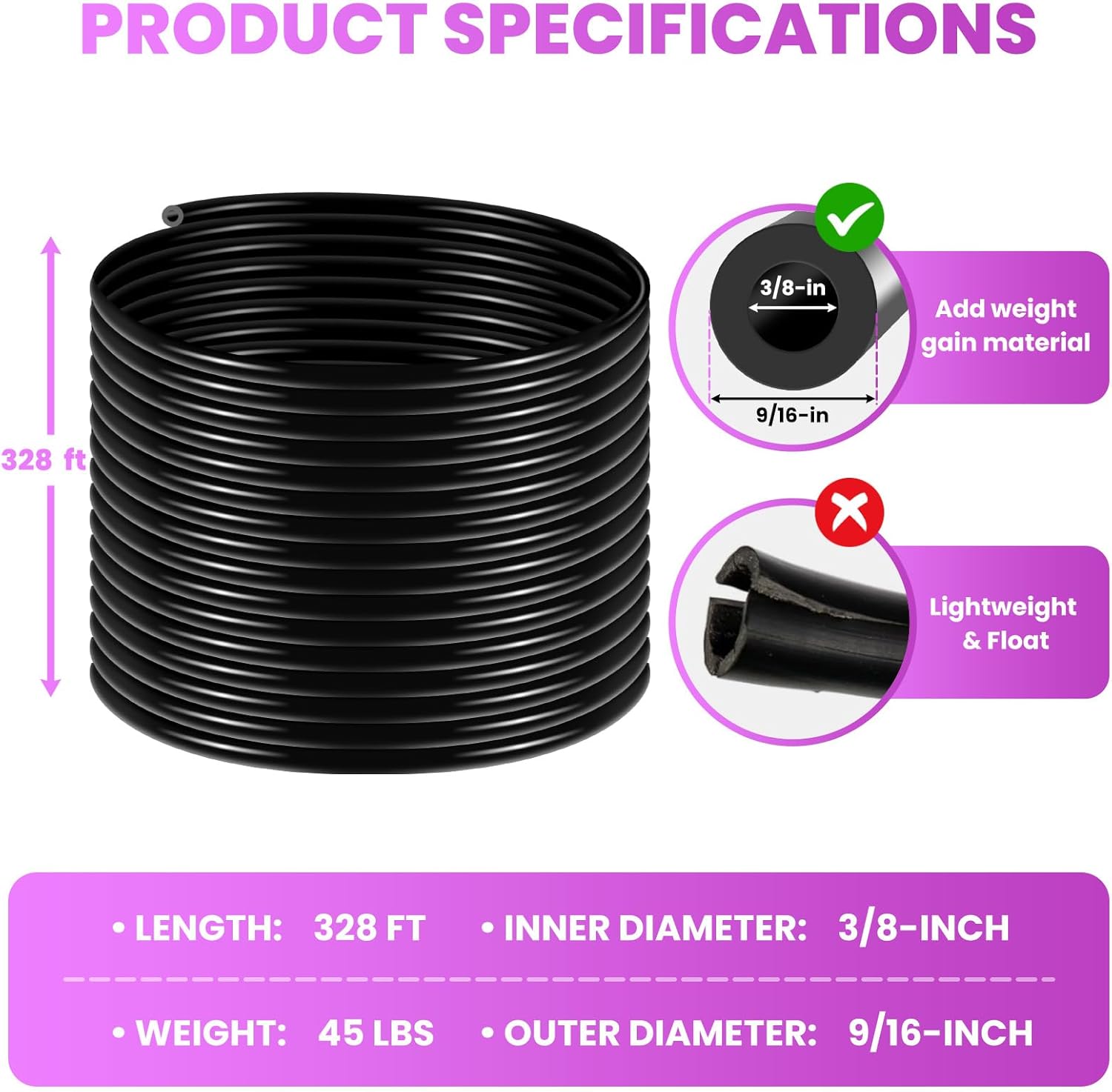 325ft 3/8" Self-Sinking Aeration Hose Kit - Includes 4 Stainless Steel Clamps & 4 Brass Fittings, for Pond Aeration, Decorative Water Features & Professional Surface Aerators.