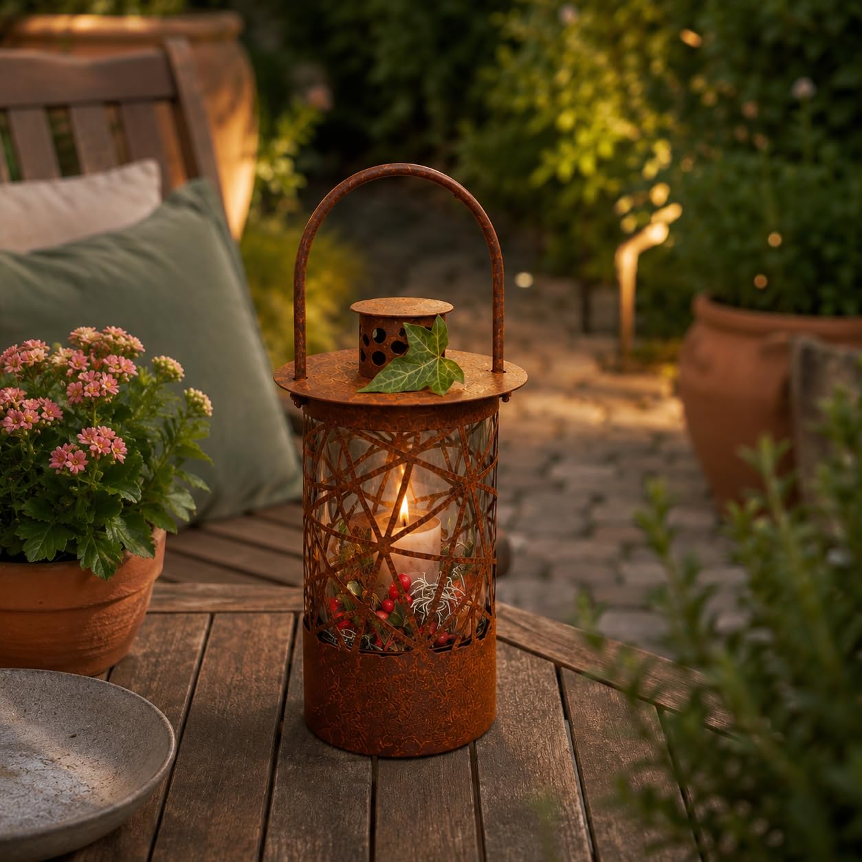 Edelrost Laterne Arte - Gartendeko - Rustikal - mit Glaseinsatz für Kerzen - Vintage Optik (47)