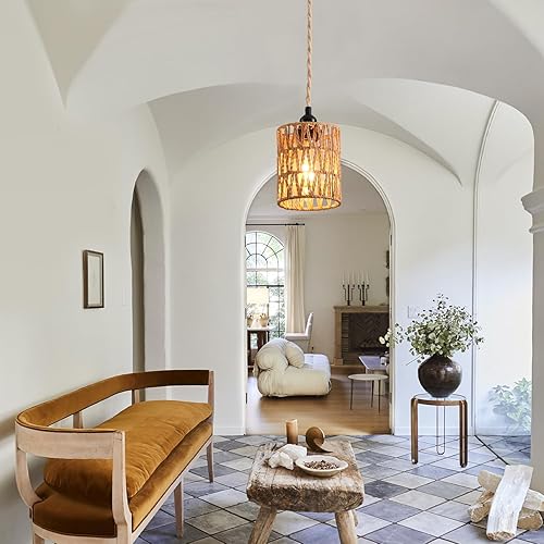 Miniatura 5 de Lámpara colgante enchufable, lámpara colgante industrial con cable de enchufe, cuerda de cáñamo, interruptor de encendidoapagado, lámpara colgante