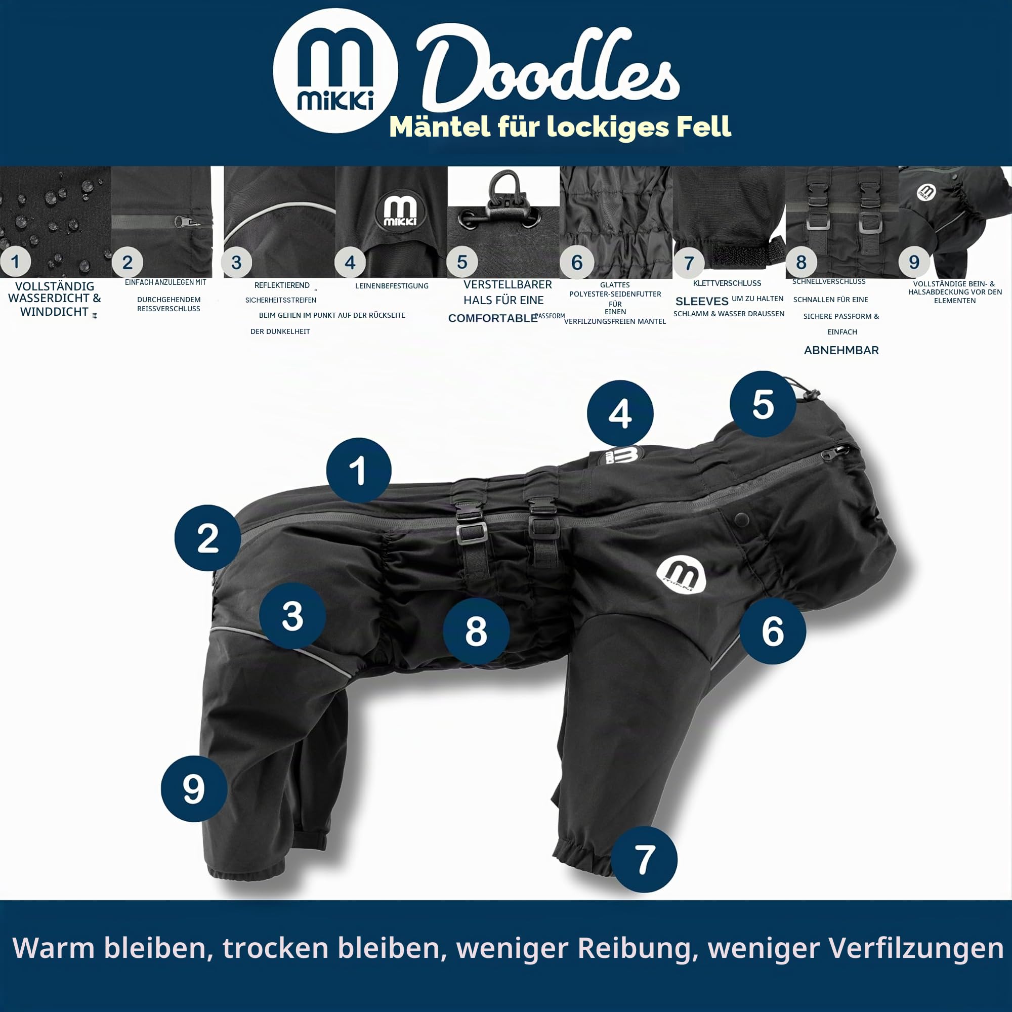 Mikki Doodles Hunde-Regenmantel, wasserdicht, Winddicht, seidiges Futter, weniger Reibung bedeutet weniger Knoten und Verfilzungen, Größe XL, Schwarz