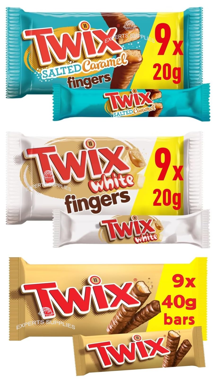 Twix Chocolate Biscuit Bars Bundle Twix Salted Caramel, White & Chocolate Biscuit Bars 9 x 20g (3x180g) Gift Treat For Adults and Kids By Experts Supplies
