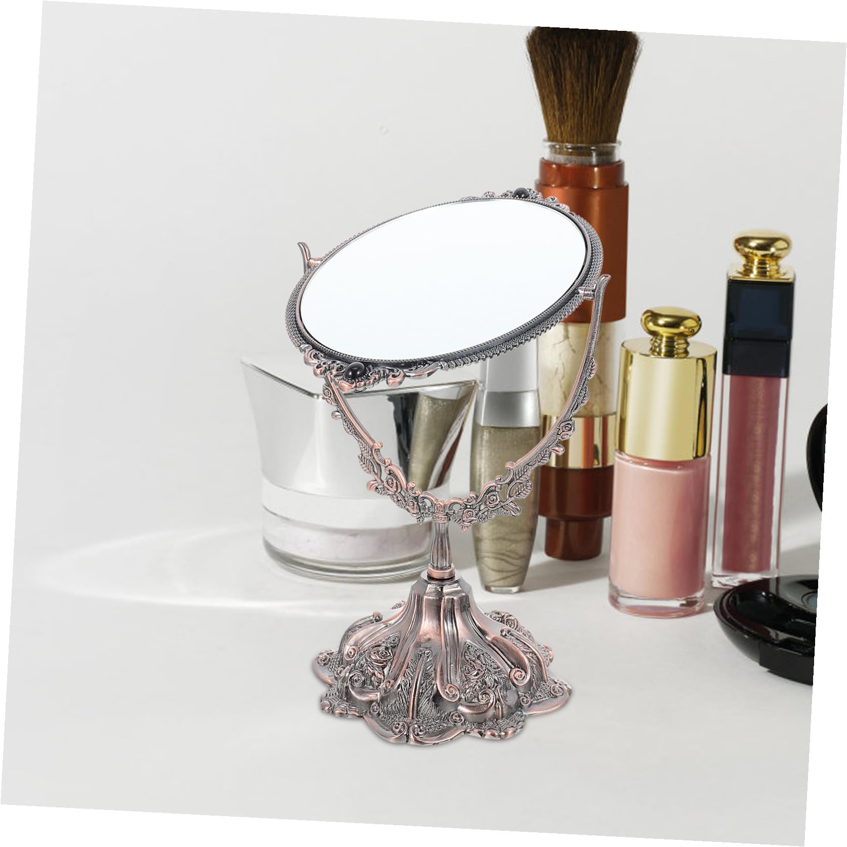 minkissy Doppelseitiger Tischspiegel aus Zinklegierung im Europäischen Stil | Drehbar mit Flachem Standfuß, Hochauflösende Sicht, Geeignet für Make Up und Hochzeit