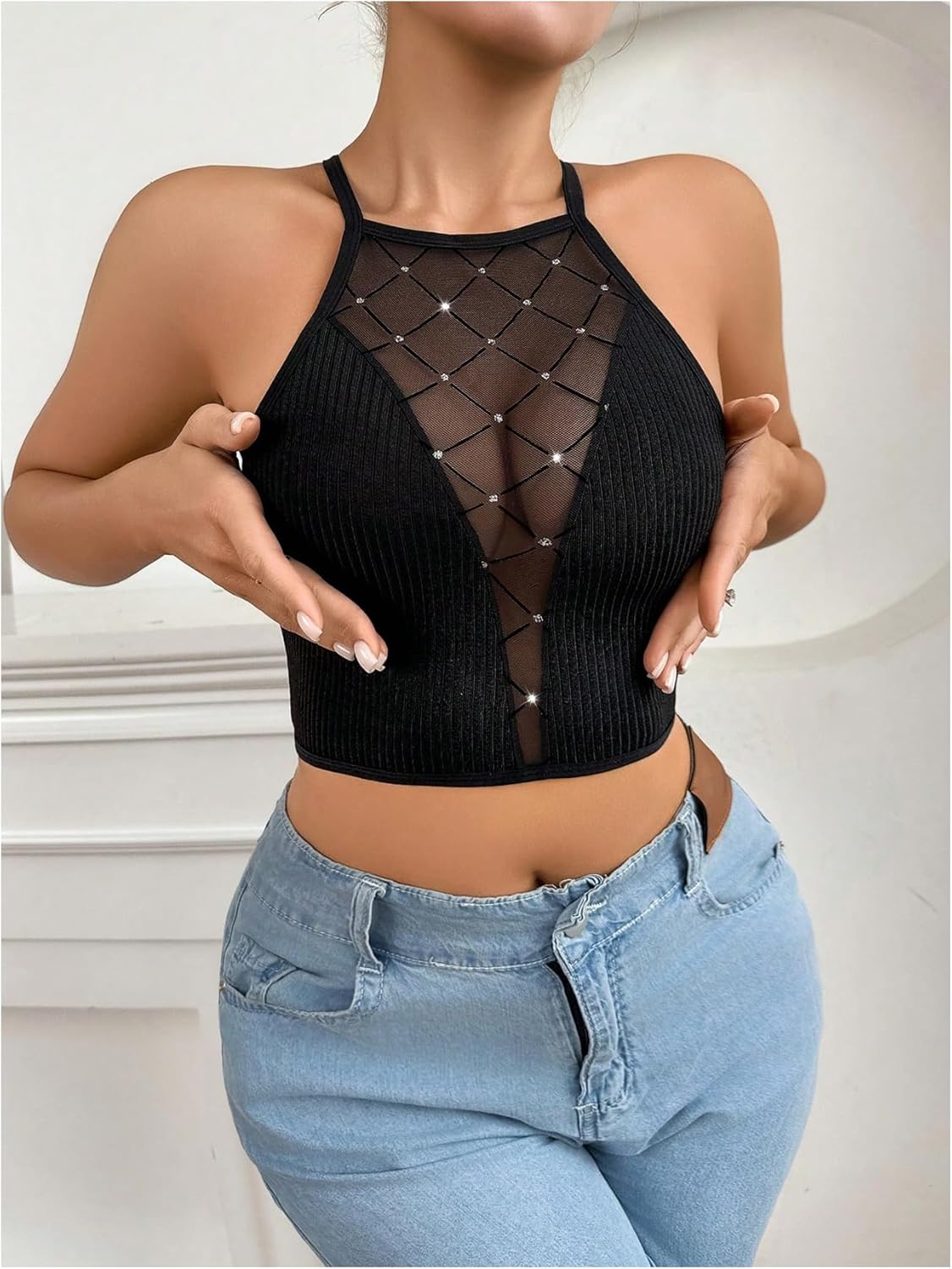 SOLY HUX Bras for Women Mesh Rhinestone Wireless Bra Criss Cross Back Sheer Comfort Bralette - Image 4