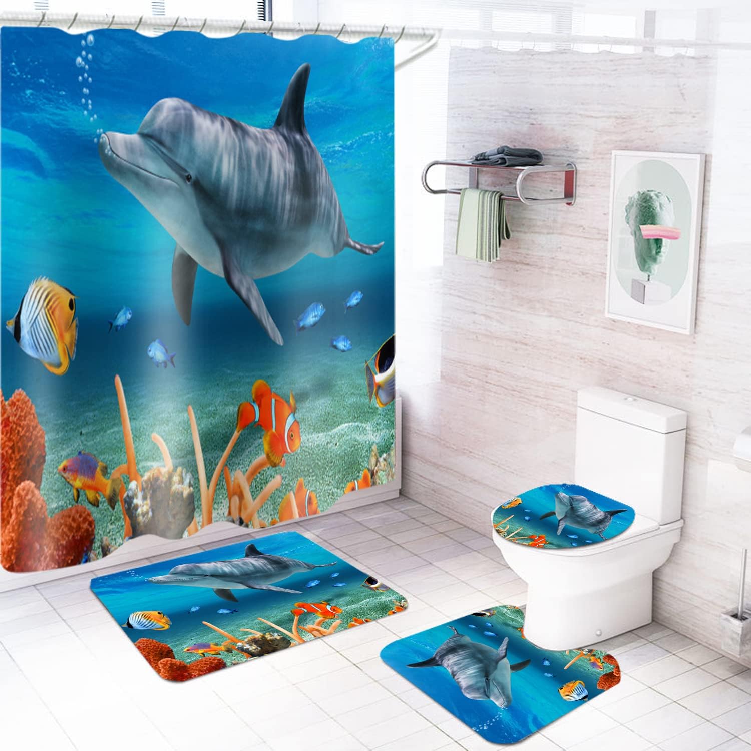 Shower Curtain and Bathroom Carpet Non-Slip Toilet Set, Home Bathtub Waterproof Shower Curtain 3D Printed Durable Polyester Fabric Four-Piece 3D Dolphin Set