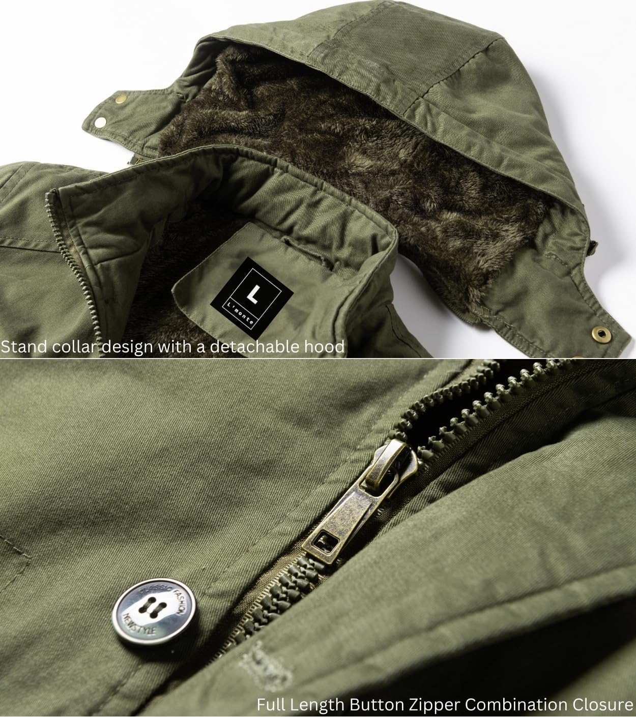 L'MONTE Men's Imported Cotton Winter Cargo Jacket with Detachable Hood, Thick Fleece Lining, Ribbed Cuffs, and Multiple Pockets – Warm, Windproof Outdoor Parka Coat for Harsh Cold Weather (M, Green) 3