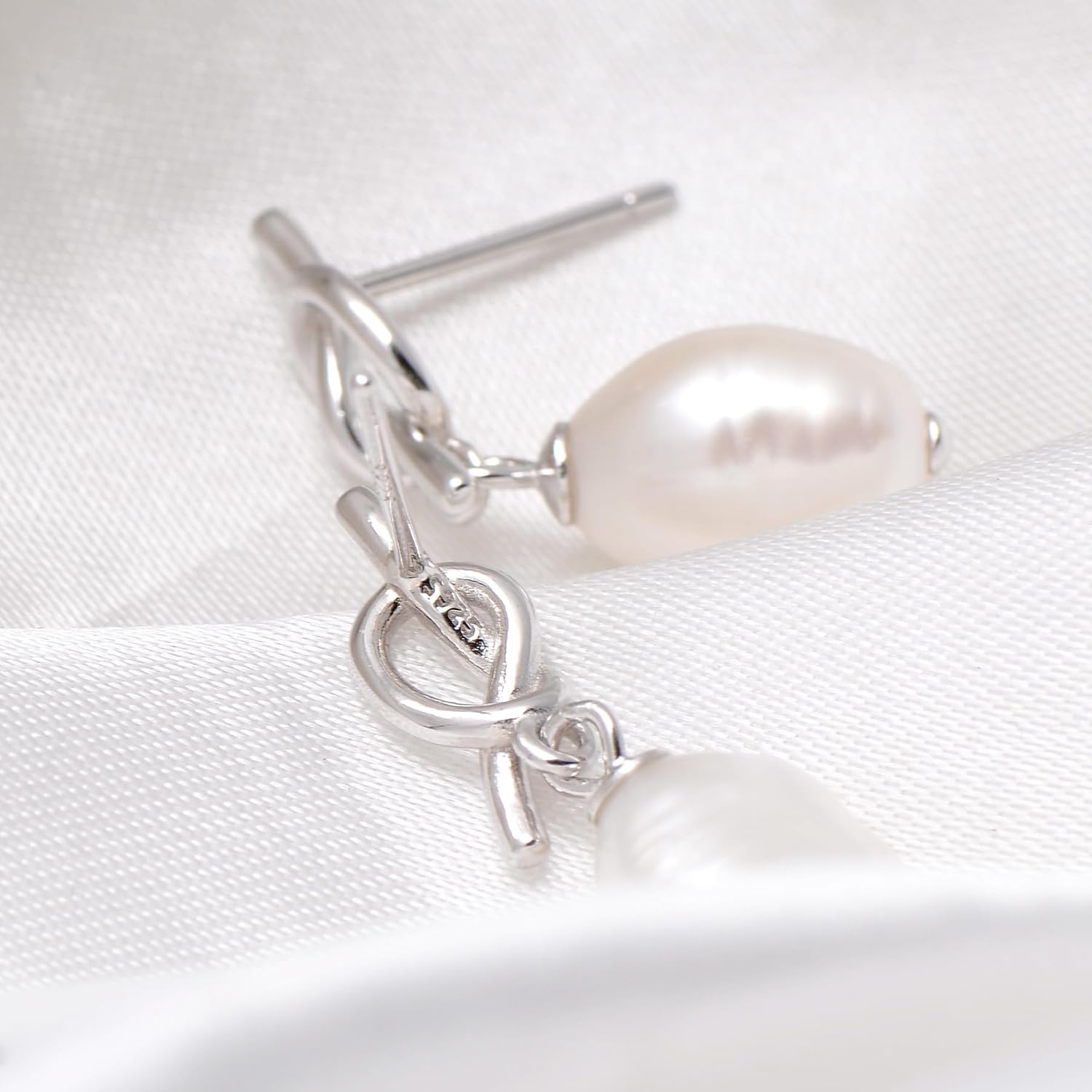 925 Sterling Silver Love Knot Studs Freshwater Cultured Pearls Dangle Earrings for Women