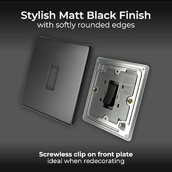 BG Electrical Single Wall Light Switch, 2 Way, Screwless Front Plate, Slim Profile, Premium Flatplate, Matt Black, 20A, 16AX, FFB12