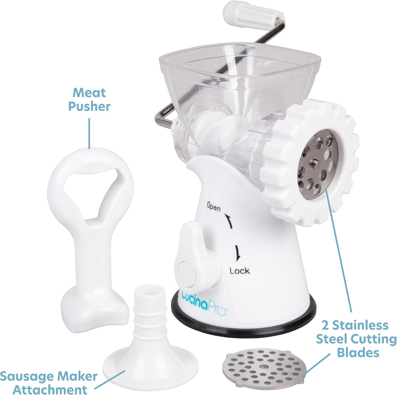 Manual Meat Grinder - Mincer w 2 Stainless Steel Plates, Sausage Attachment, Press, Heavy Duty Suction Base and Dishwasher Safe Design- Make Homemade Sausage, Ground Beef Burger Patties or Hamburgers