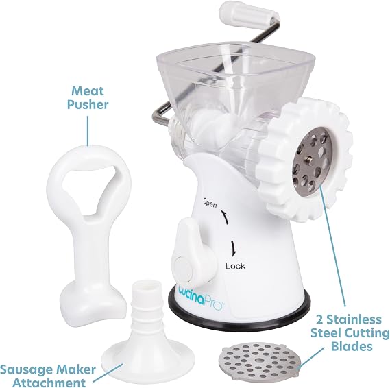 Manual Meat Grinder, Mincer w 2 Stainless Steel Plates, Suction Base