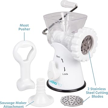 Manual Meat Grinder, Mincer w 2 Stainless Steel Plates, Suction Base