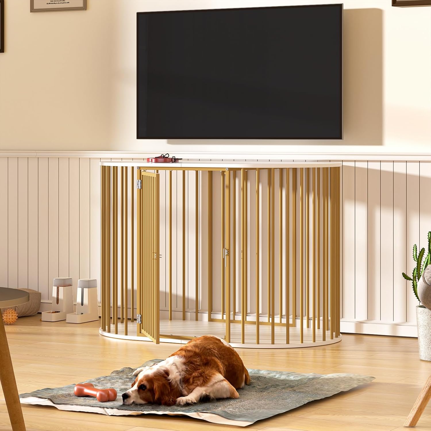 TVU 48 Inch Dog Crate Furniture, Heavy Duty Dog Kennel Indoor for Large Dogs, Oval Decorative Pet House End Table for Living Room, Bedroom, Hallway, 47.2" L x 27.6" W x 31.5" H, White, Gold