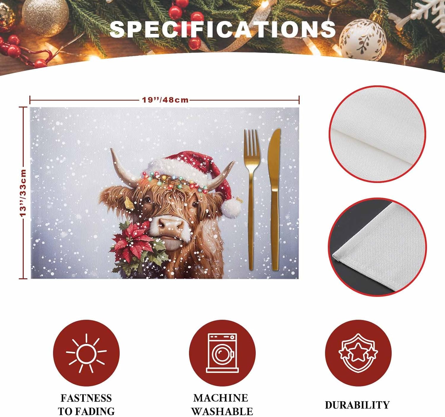Christmas Placemats Set of 6 Highland Cow Poinsettia Placemats for Dining Table Winter Snowy Winter Holiday Seasonal Table Mats for Christmas Party Home Deoration