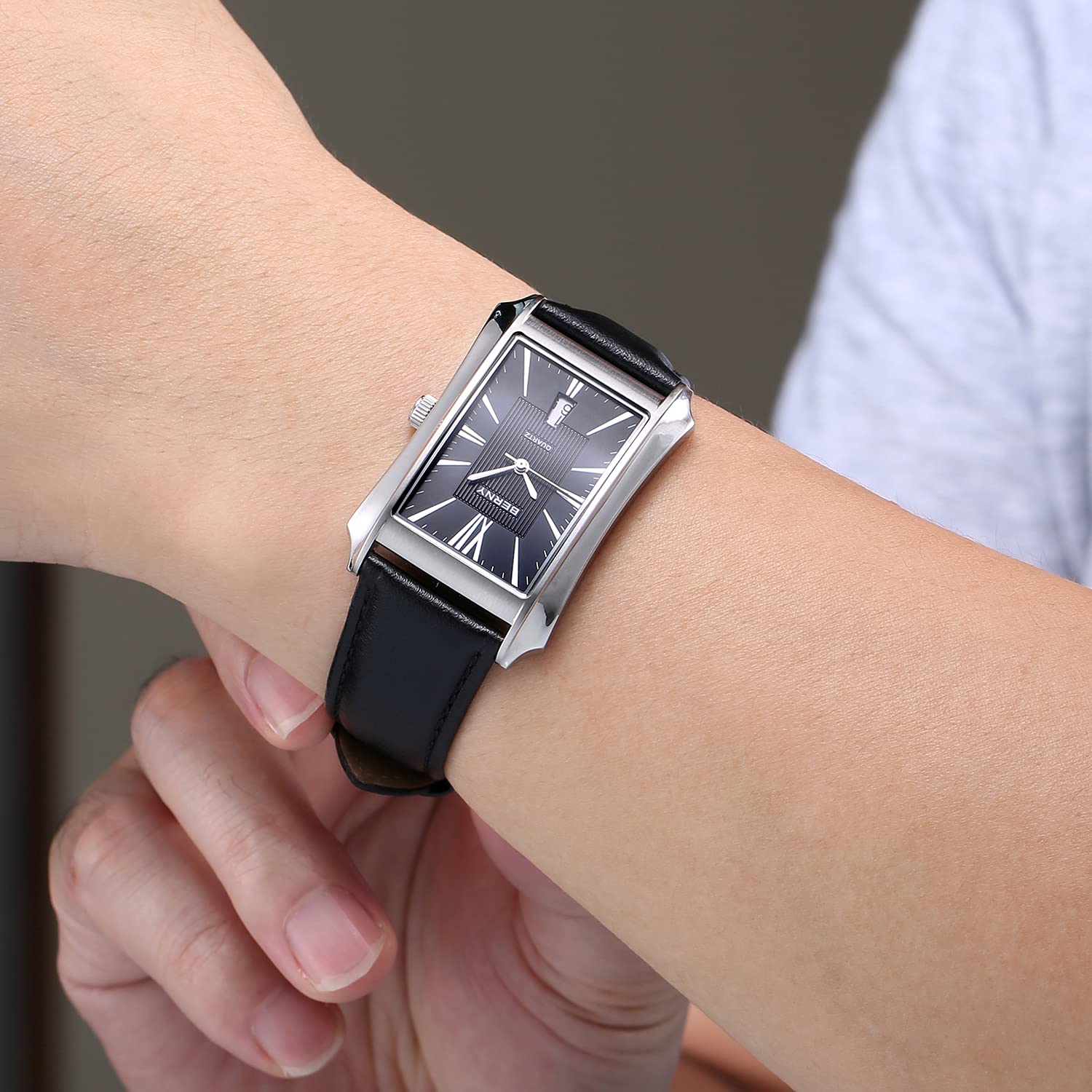 BERNY Orologi da uomo casual al quarzo cassa in acciaio inossidabile con cinturino in pelle rettangolare orologi da uomo (nero, bianco, grigio, oro rosa)