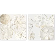 2 Pieces Coastal Wall Art Sea Shell Sand Dollar Painting Modern Abstract Gold and Neutral Wall Decor Ocean Theme Artwork for Bedroom Living Room Ready to Hang 20x20Inchx2pcs