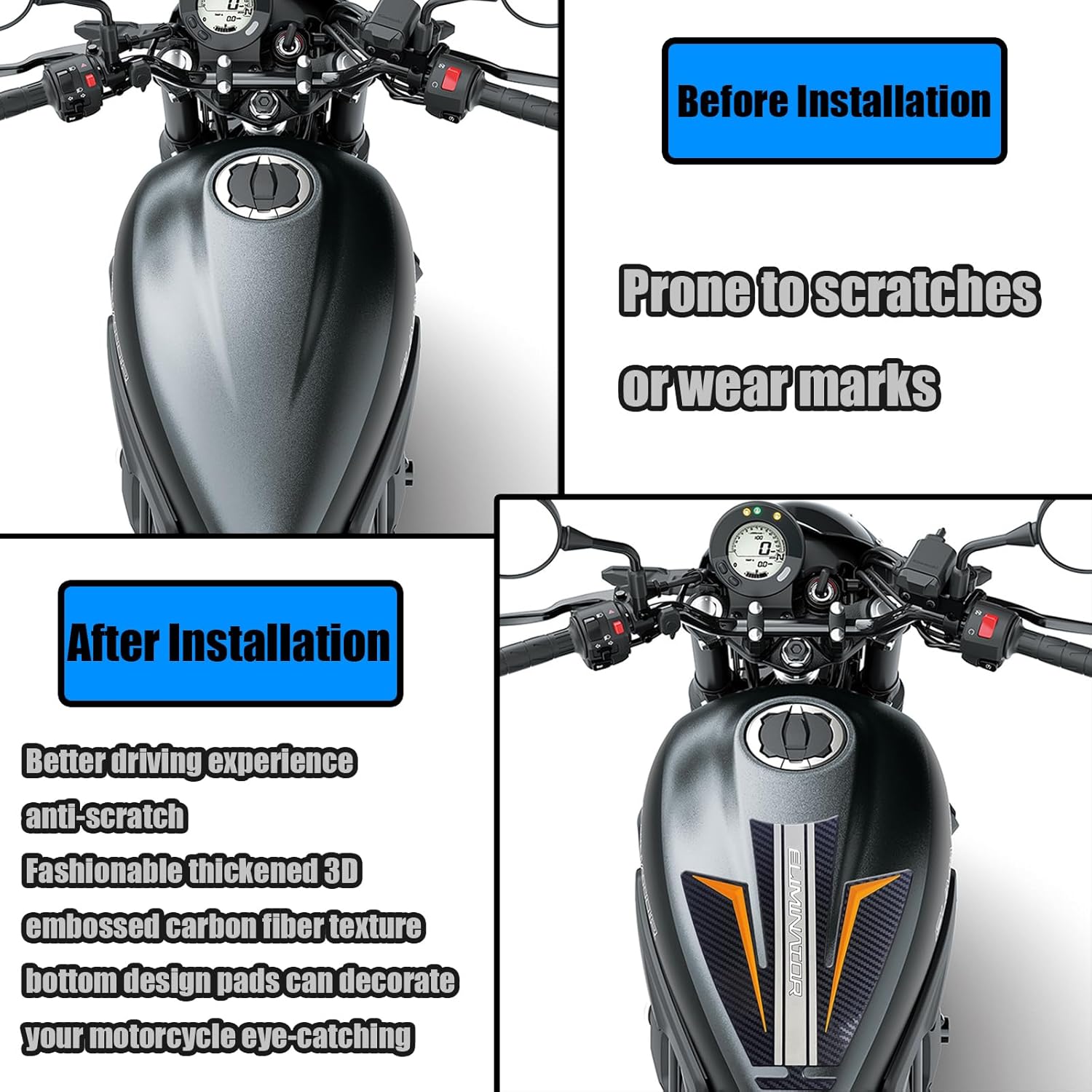 for Eliminator 500 SE 400 450 2025 Motorcycle Carbon Fiber Side Fuel Tank Stickers Waterproof Pads Rubber Stickers 3D Embossed Rubber Fuel Tank Pads Fuel Tank Knee Pads Eliminator 500 se 2023-2026