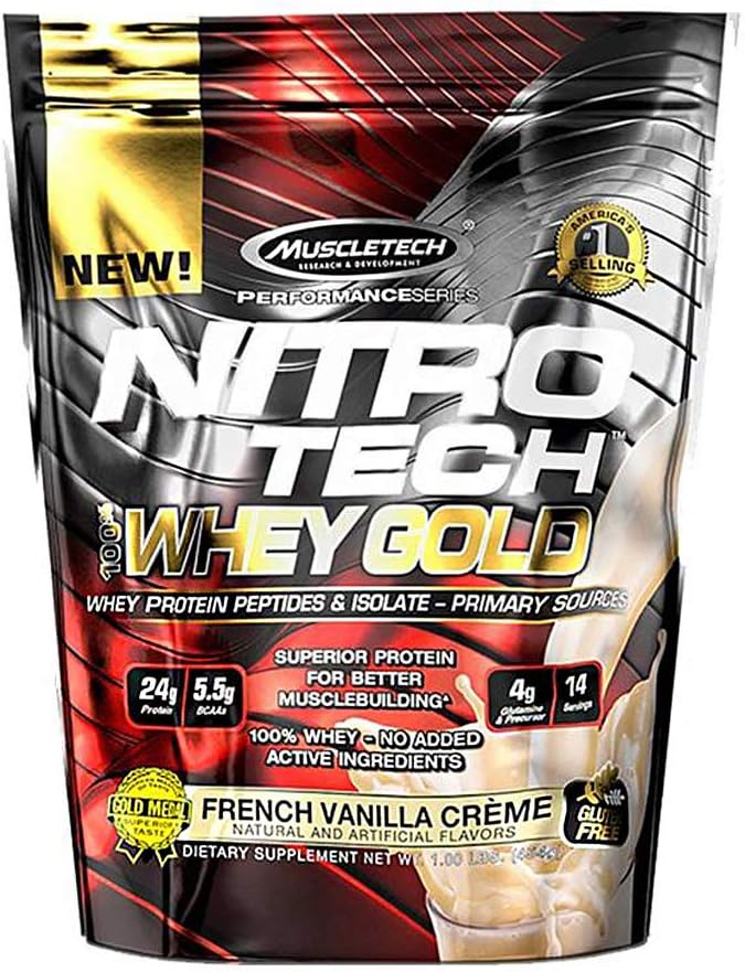 MuscleTech NitroTech Whey Gold, 100% Whey Protein Powder, Whey Isolate and Whey Peptides, Vanilla, 1 Pound