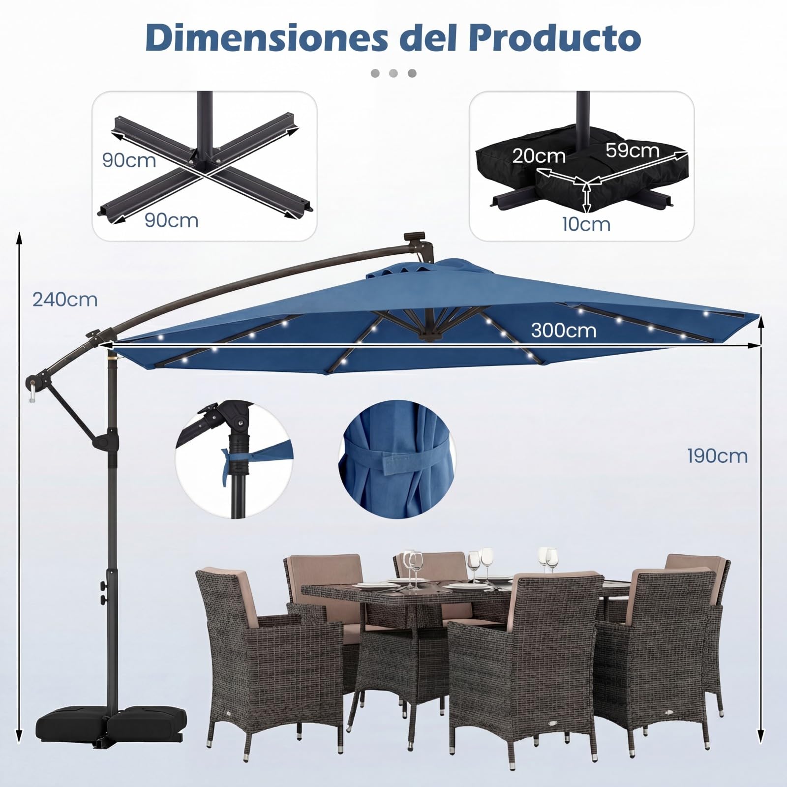 COSTWAY Sombrilla Terraza Exterior con Base, Parasol Excentrico con 32 Luces LED, Rotación de 360°, Manivela, Sacos de Arena, Sombrilla Jardín Grande para Patio Terraza (300 x 300 cm（con Luz）,Azul)