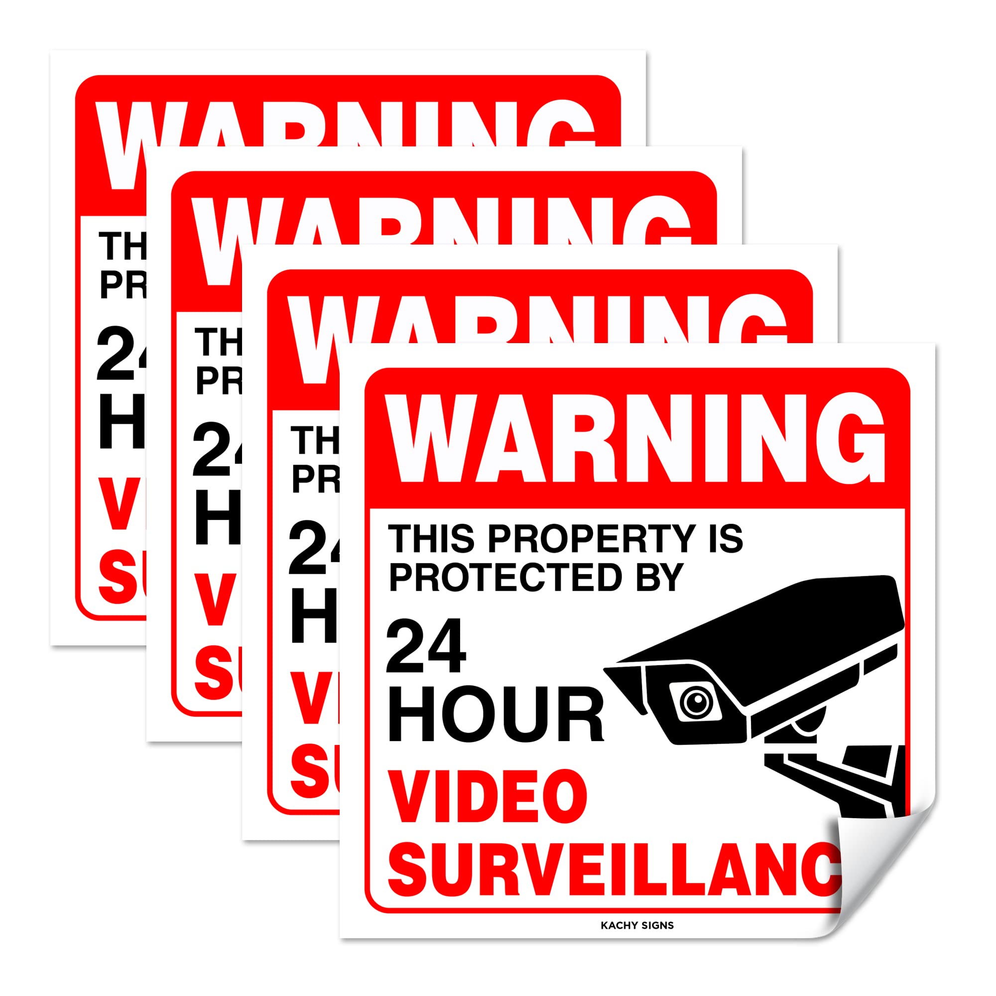(Set of 4) WARNING 24 HR Video Surveillance Sign | 6" x 6" | 4 Mil Vinyl | LAMINATED For Ultimate Protection & Durability | Self Adhesive Decal | UV Protected & Weatherproof | Heavy Duty