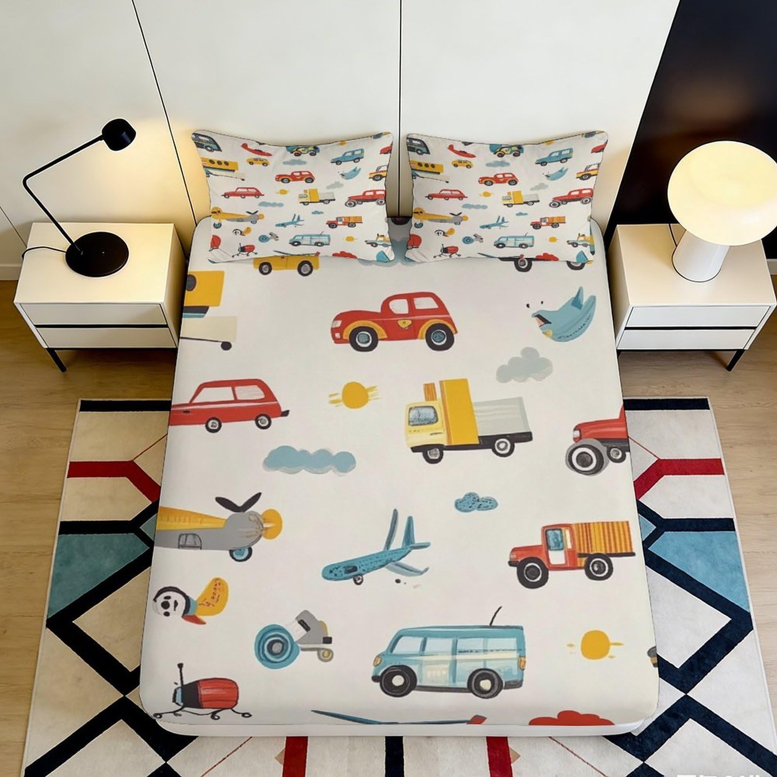 Kzqjxnhpcr Style-7 3D Printed Transport Pattern Fitted Sheet Microfiber Deep Pocket Non-Slip Vehicle Mattress Fitted Cover Bedroom Washable 90X200x25cm 90X200x25cm