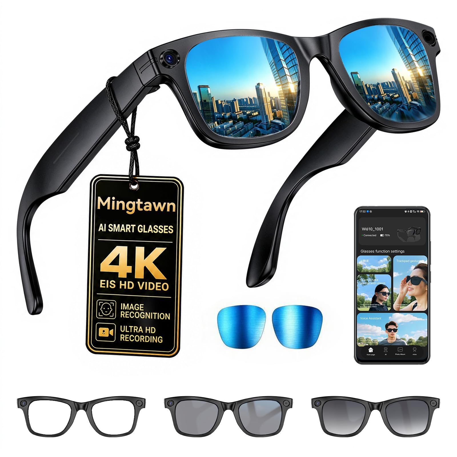 Occhiali con Telecamera 8MP, Smart Glasses Ai con Chiamate Bluetooth & WIFI, Occhiali Intelligenti con Traduzione AI in Tempo Reale/Riconoscimento di Oggetti, Lenti Fotocromatiche + Lenti Blu