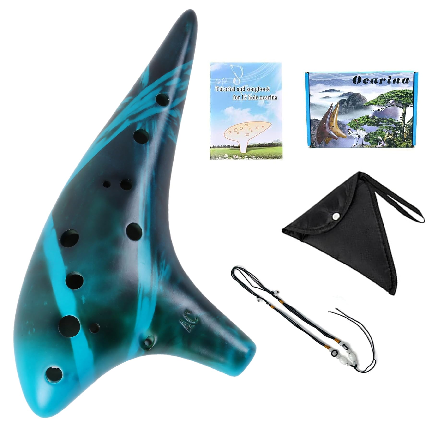 Mulucky Ocarina 12 Hole Alto C Smokey Straw Fired Ceramic Ocarina with Song Book for Beginners, (Blue)