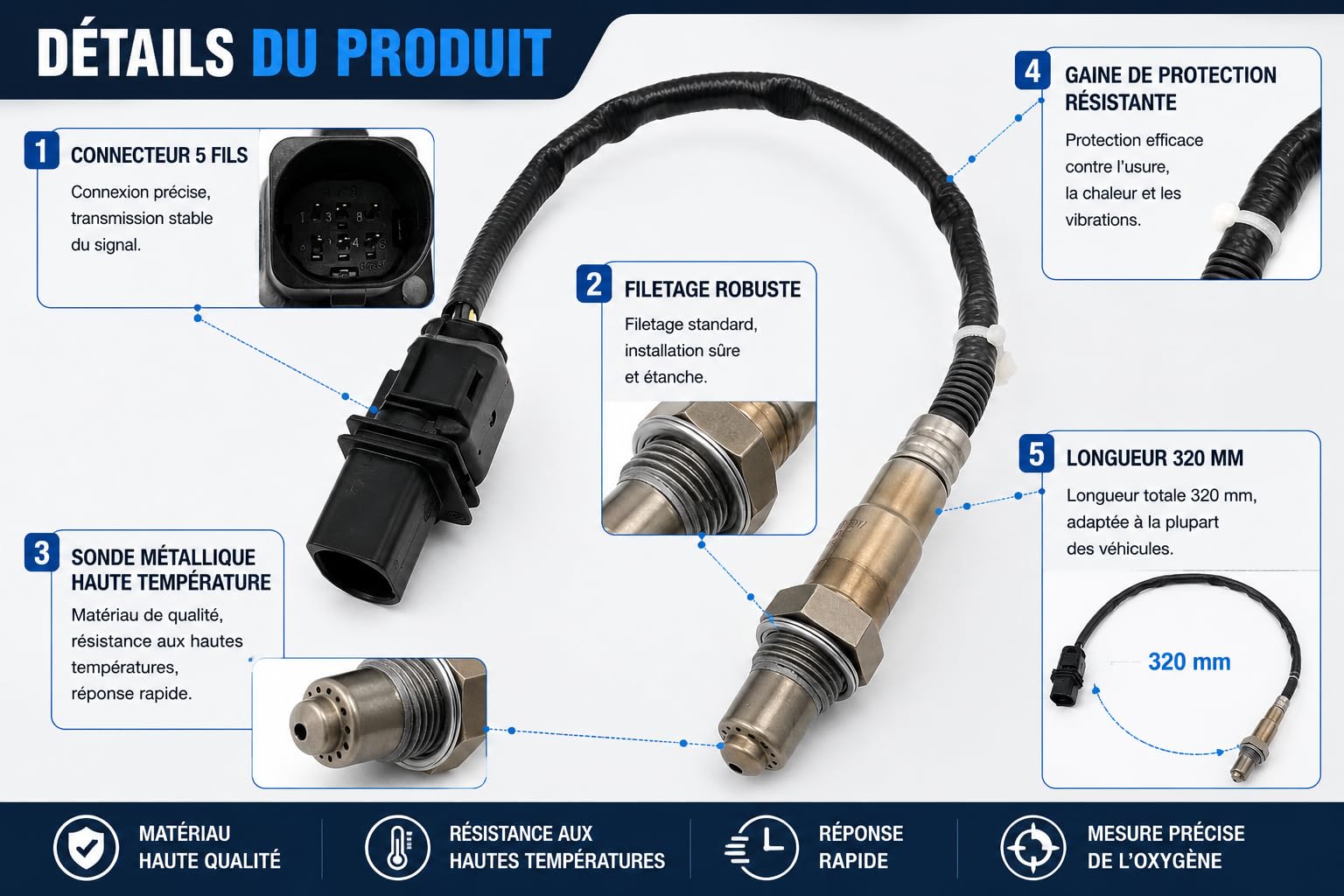 Capteur d’Oxygène Sonde Lambda Amont 0258017217 5 Fils 320mm Compatible avec Citroën C3 C4 C5 DS3 DS4 Compatible avec Peugeot 207 208 308 508 2008 3008 5008 Compatible avec Mini R55 R56