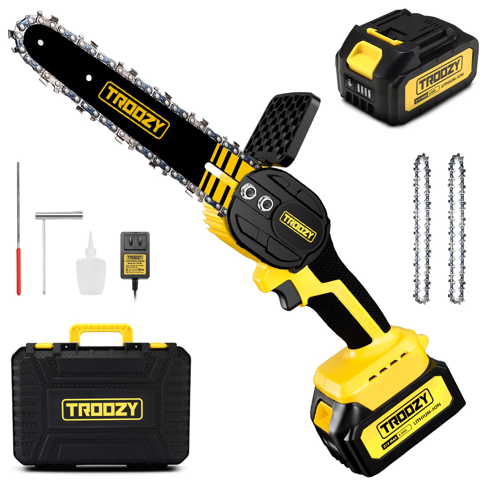 TROOZYMini Chainsaw Cordless 6 Inch, Brushless Electric Handheld Chain Saw with 3.0Ah Battery Lasts 100Mins, Lightweight with Security Lock [Senior Friendly], Sharp for Trimming Pruning