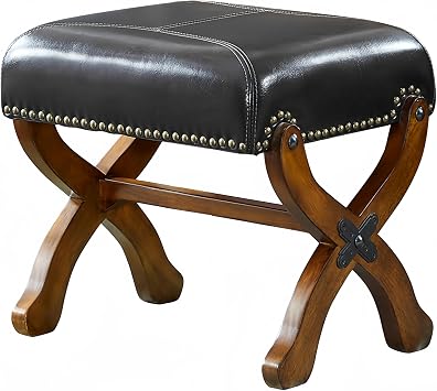 Small Foot Stool, Solid Wood Frame Leather Foot Rest for Couch, Vintage Furniture Footstool Ottoman Foot Rest for Living Room Black