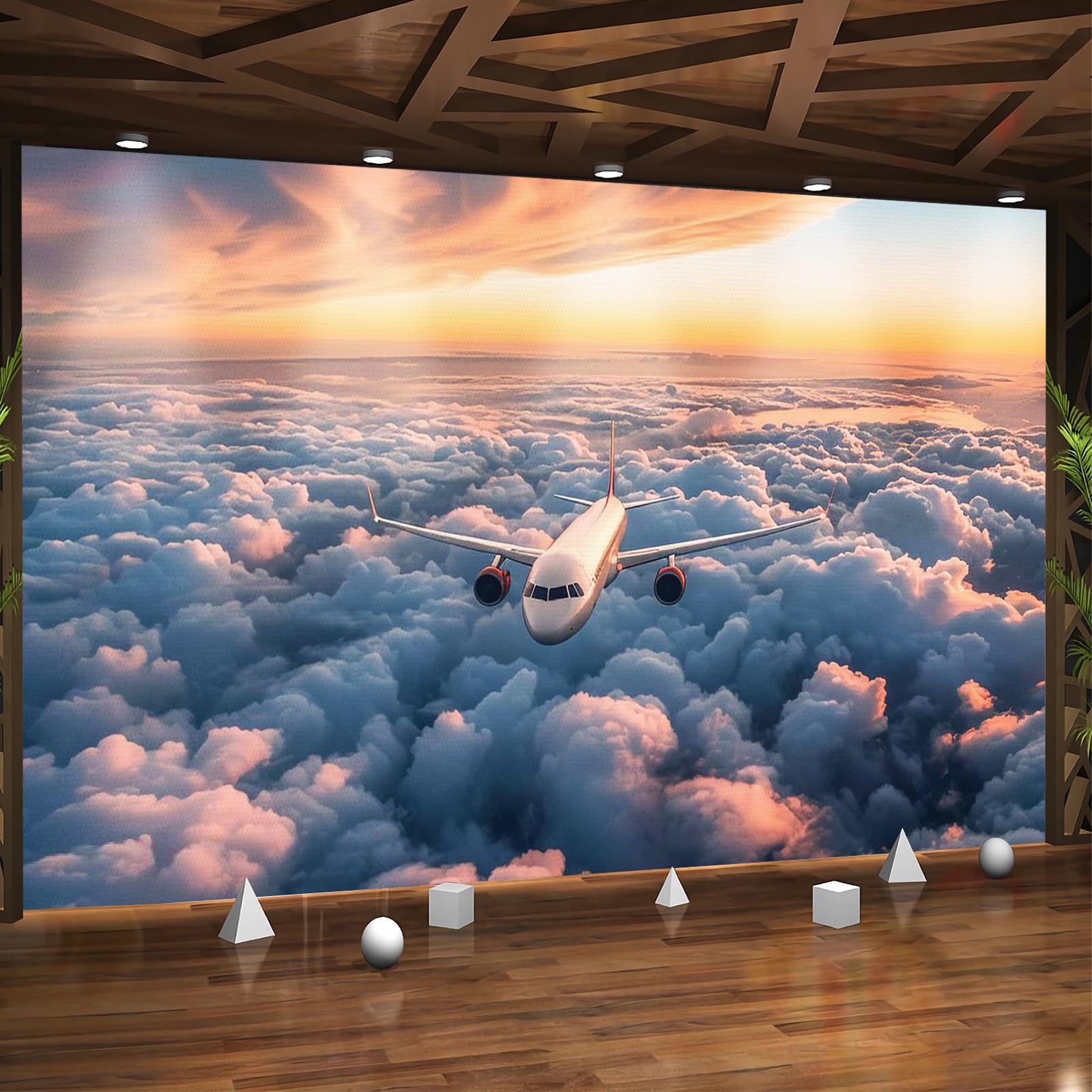 Générique Papier Peint Panoramique 3D 350x256 cm Avion Non-tissé Murale Maison Décoration Intérieure Nuages Coucher De Soleil pour Chambre Salon Mur TV Artistique Poster Décoration Murale 1M855