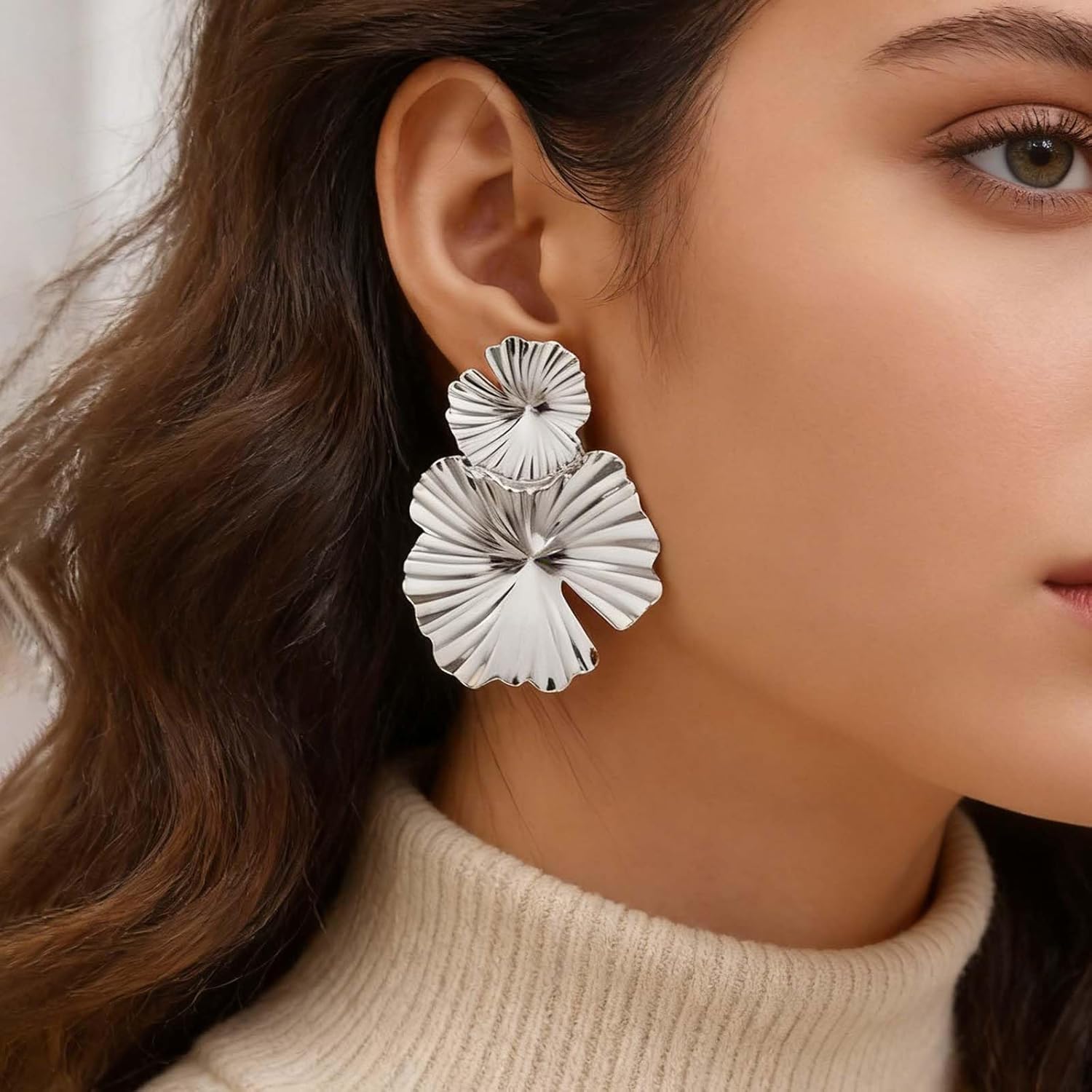 Vintage Metal Flower Drop Earrings Big Flower Petal Dangle Earrings Gold Exaggerated Flower Earrings Exaggerated Large Floral Stud Earrings Flower Brushed Earrings Jewelry for Women - Image 3