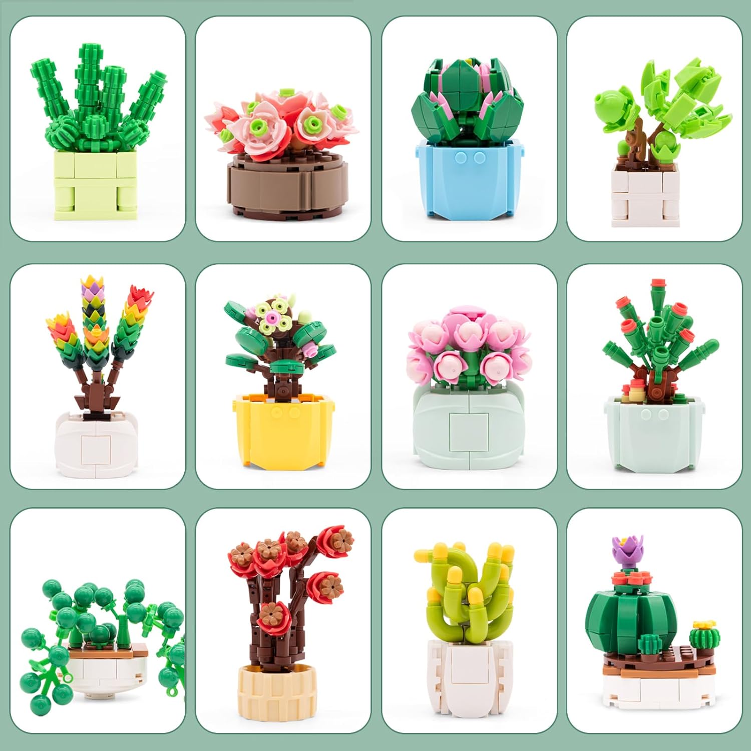 A grid display showing twelve different succulent and flower models, each in its own unique pot, illustrating the variety within the collection.