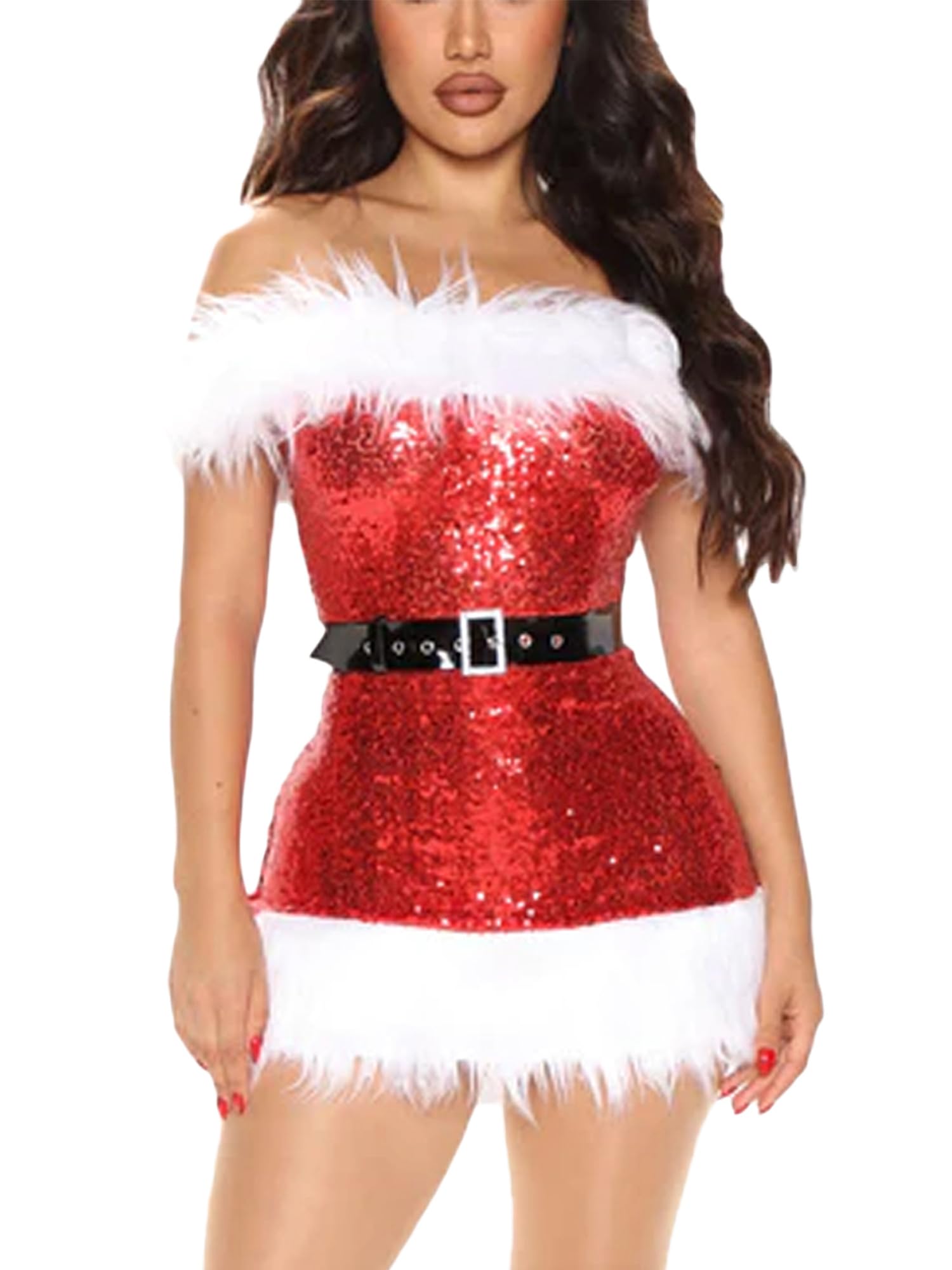 Lshyuehao Mrs Claus Costume for Women Christmas Santa Costume Dress Fancy Dress Xmas Outfit Velvet Cosplay Party Dress (M-Red 2, S)