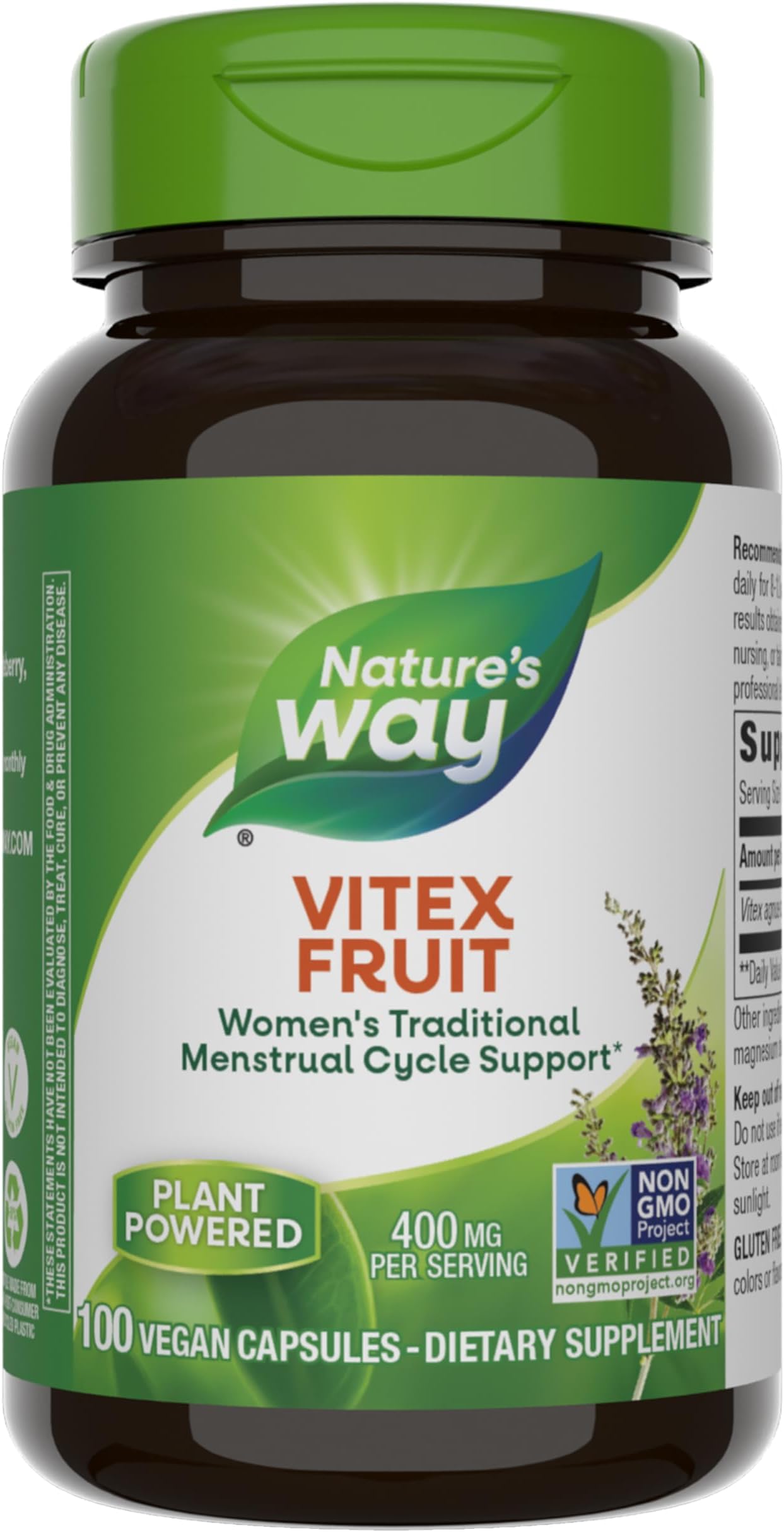 Nature’s Way Vitex Fruit 100 Vegan Capsules | 400mg per serving Herbal Dietary Supplement for Support of Monthly Cycle.