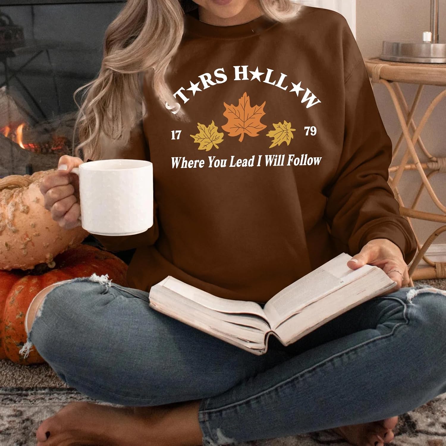 KIEKIECOO Womens Crewneck Sweatshirt Fall Leaf Vintage Graphic Sweatshirts Letter Drop Shoulder Long Sleeve Pullover Tops - Image 5