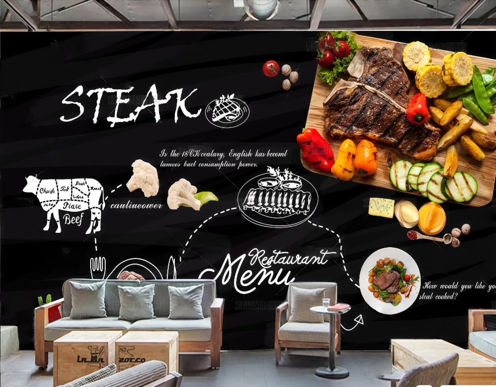 XDOUBAO Wallpaper Fashion Black Hand Painted Delicious Steakhouse Dessert Snacks Afternoon Tea Western Restaurant Background Wallpaper Coffee Shop Mural,3D,200x140cm