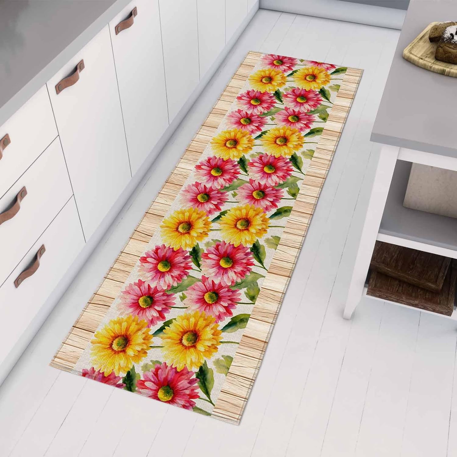 Teamery Kitchen Mats for Floor Farm Pink Yellow Daisy Washable Non Slip Kitchen Rugs 1PCS, Country Brown Wood Board Absorbent Standing Mats for Sink Bathroom Office Living Room 15.7x47.2in