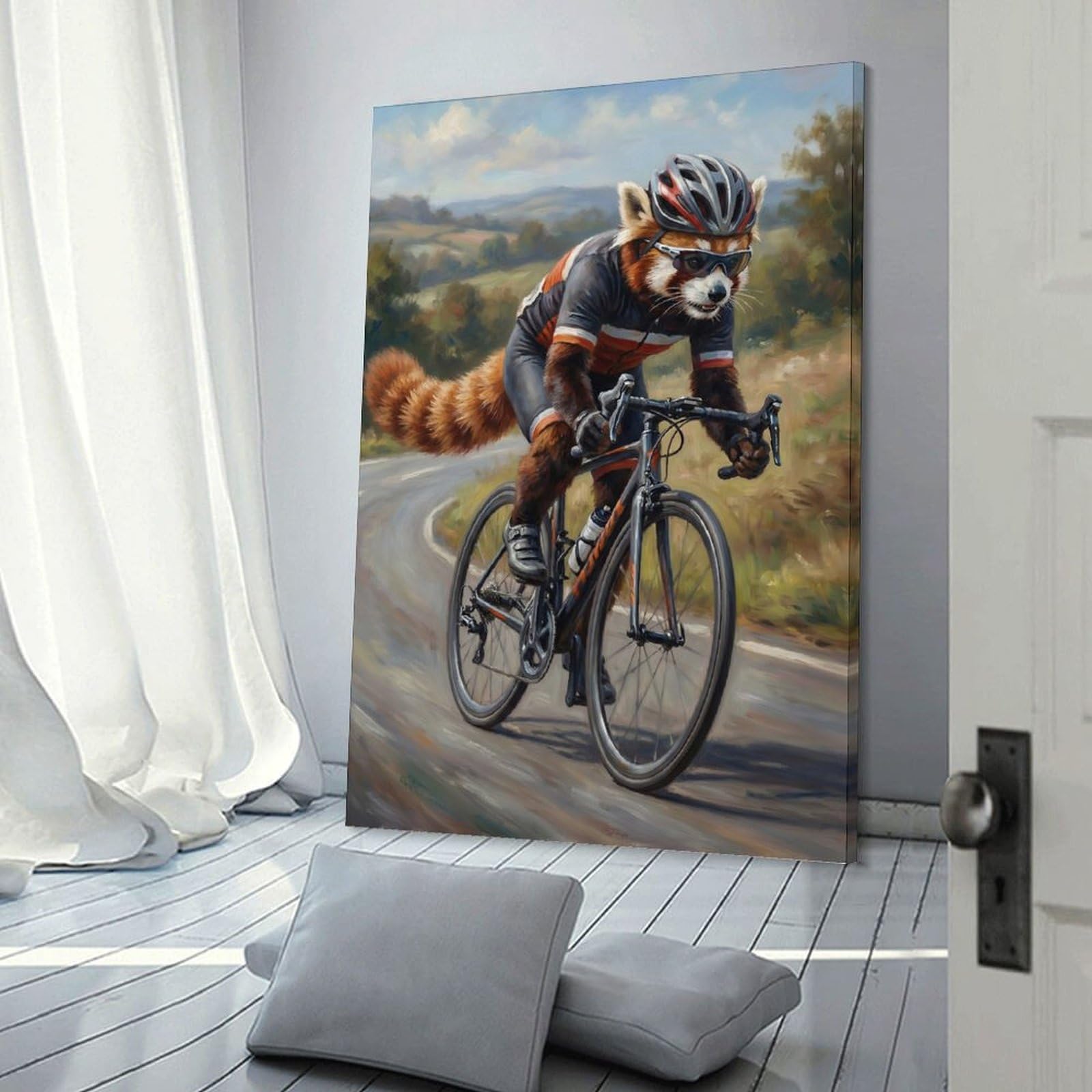 Junmoney Frame-Style-14-1 Hanging Wall Art Red Panda Cyclist On A Winding Road, 20X30inch(50X75cm), For Small Homes, Bedrooms Or Open Spaces, Wall Decor With Flexible Room Appeal