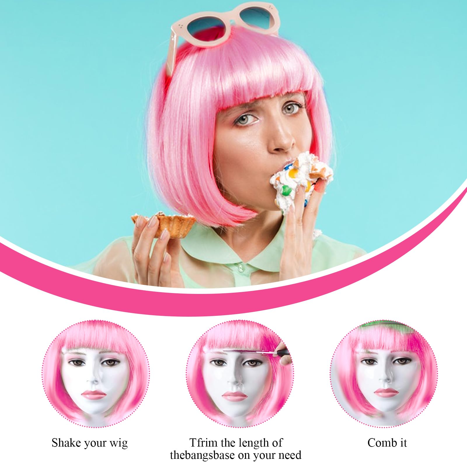 Pink Bob Wig Set including Sunglasses, Wig Cover, for Cosplay & Parties - Image 2