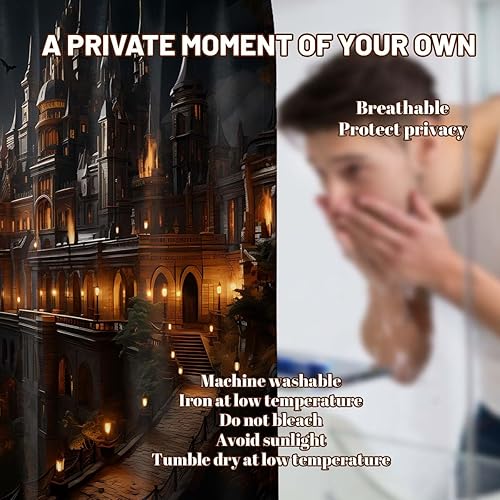 Miniatura 7 de Cortina de ducha de castillo, espeluznante y aterradora, juego de decoración de baño de murciélago gótico negro y dorado, tela impermeable con