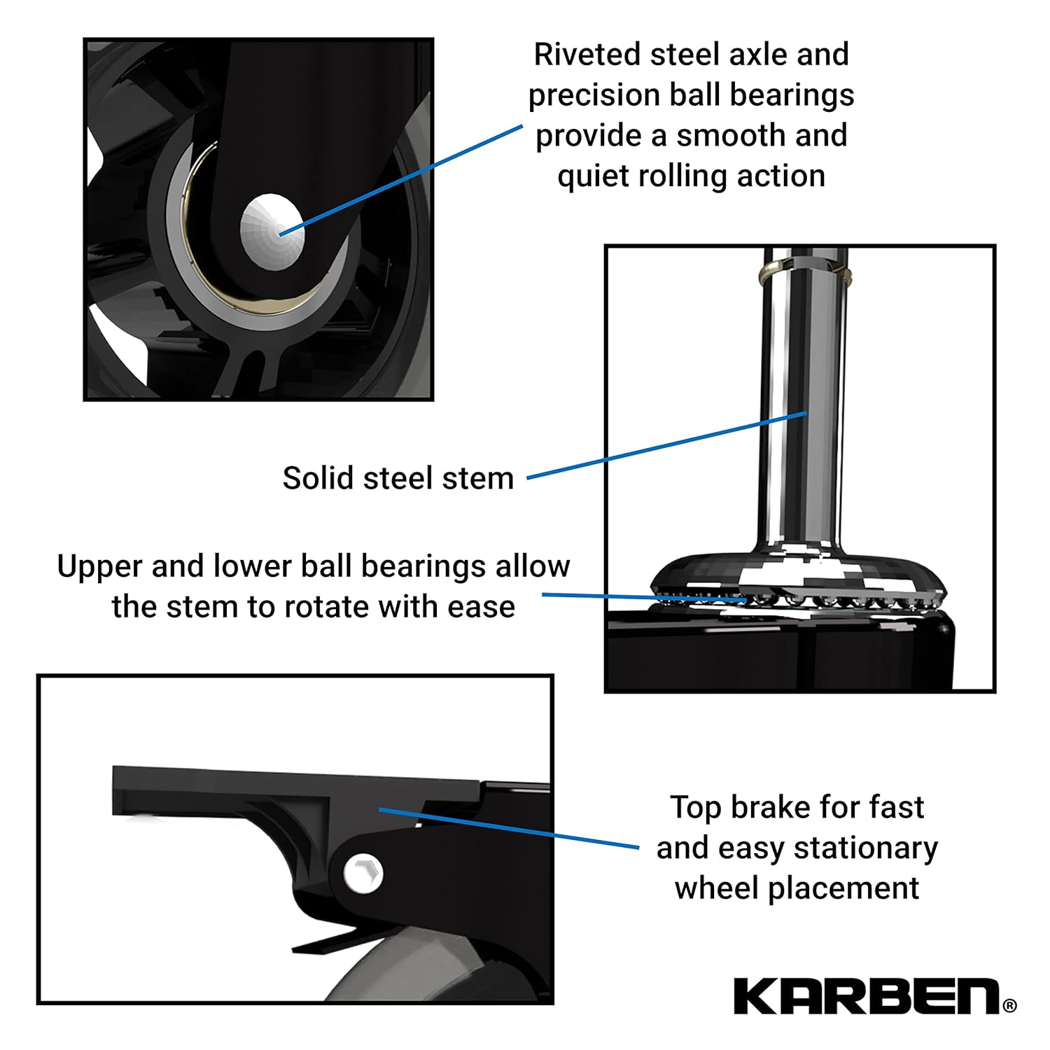 Karben 3" Caster Wheel 7/16” Diameter x 1-7/16” Long stem Multi Pack Options with Brake or No Brake - Size refers to The Quantity Being Ordered