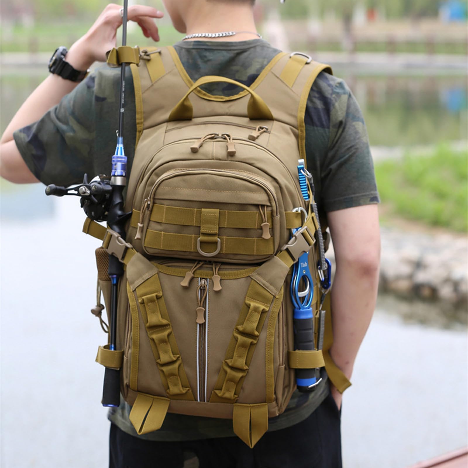 Angelrucksack mit großer Kapazität, Taktische Camping Reise Schultertasche für Outdoor Camping und Wanderausrüstung