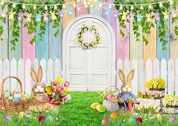 Easter Backdrops 10x8ft Spring Tulip Rabbit Fence Background Colorful Easter Eggs Bunny Grass Backdrop Baby Shower Children Party Easter Decor Photo Studio Props