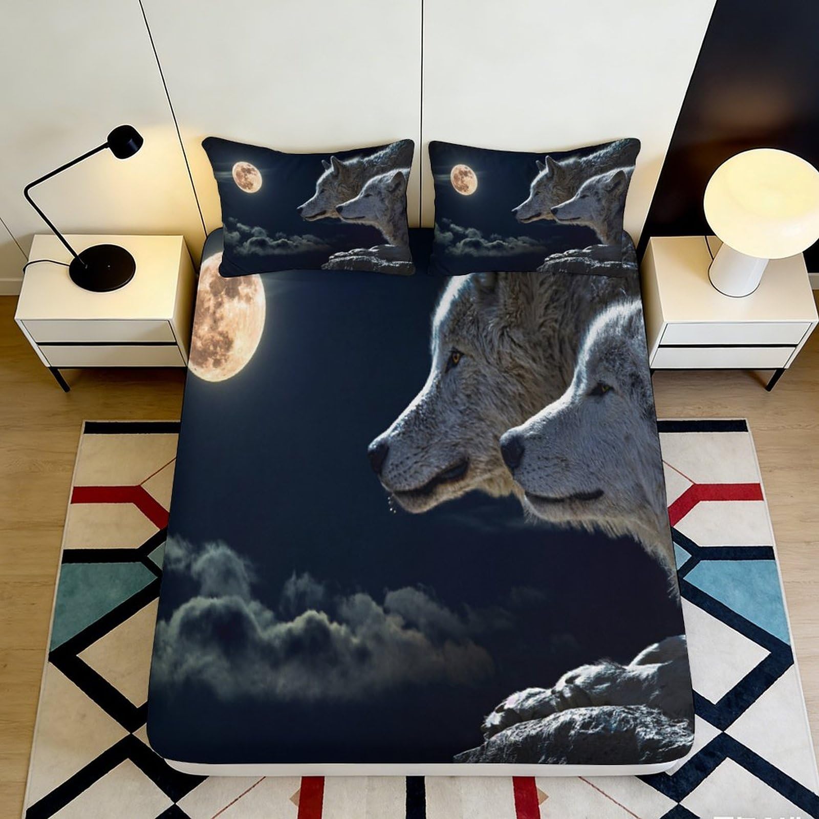 3D Printed Wolf Moon Fitted Sheet Microfiber Non-Slip Deep Pocket Bedroom Bedding Wolf Moon Mattress Fitted Cover Washable 140x200x25cm