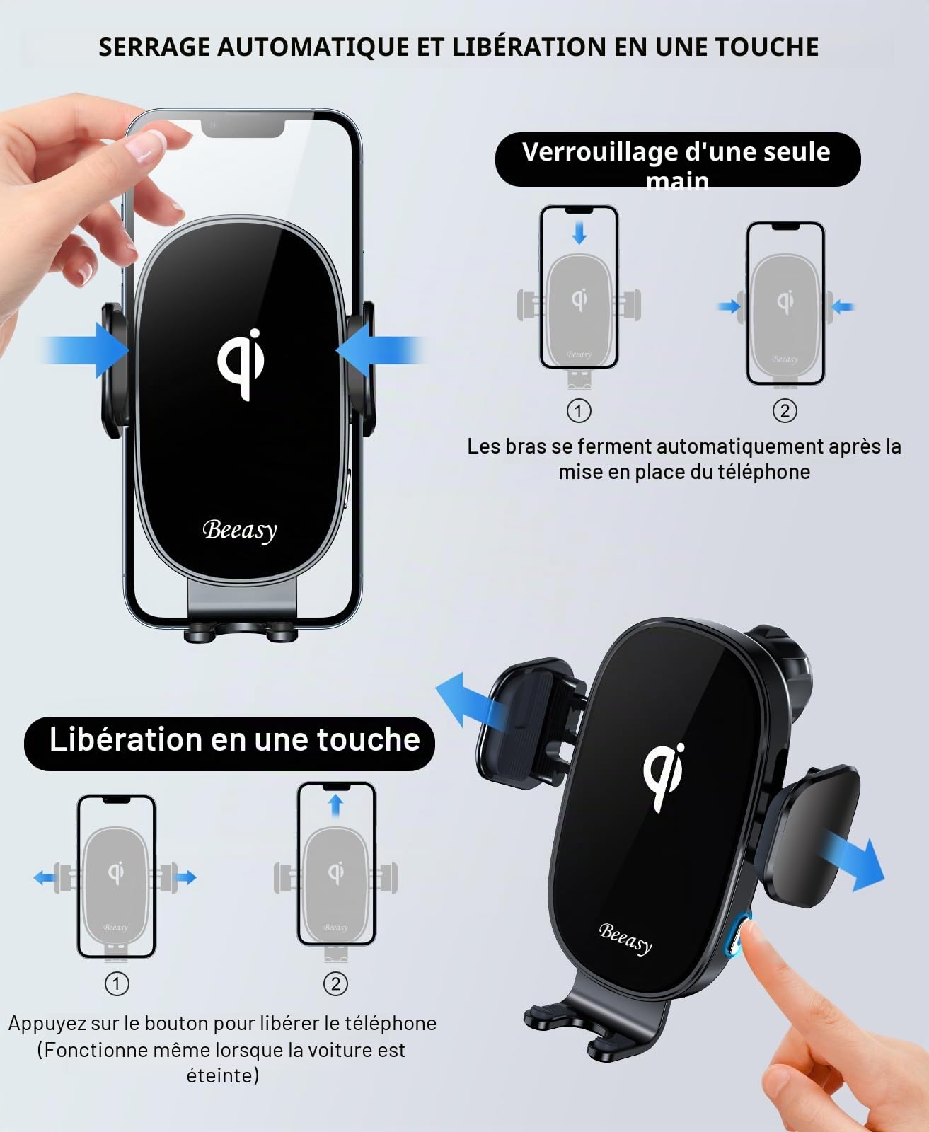 Beeasy Chargeur Induction Voiture 15W Qi, Chargeur sans Fil Voiture Rapide Porte Sortie d'air, Auto Serrage Support Téléphone Induction Voiture pour iPhone/Samsung/Xiaomi