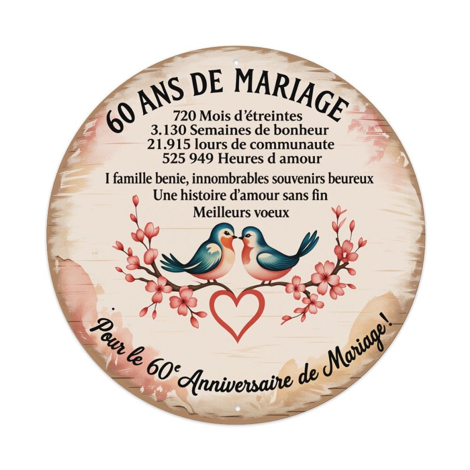 Birds On Branch With Flowers And Heart Round Vintage Tin Sign,Retro Wall Art,Metal Poster for Home, Bar, Garage, Cafe, Rustic Indoor & Outdoor Decor, 8x8 Inches